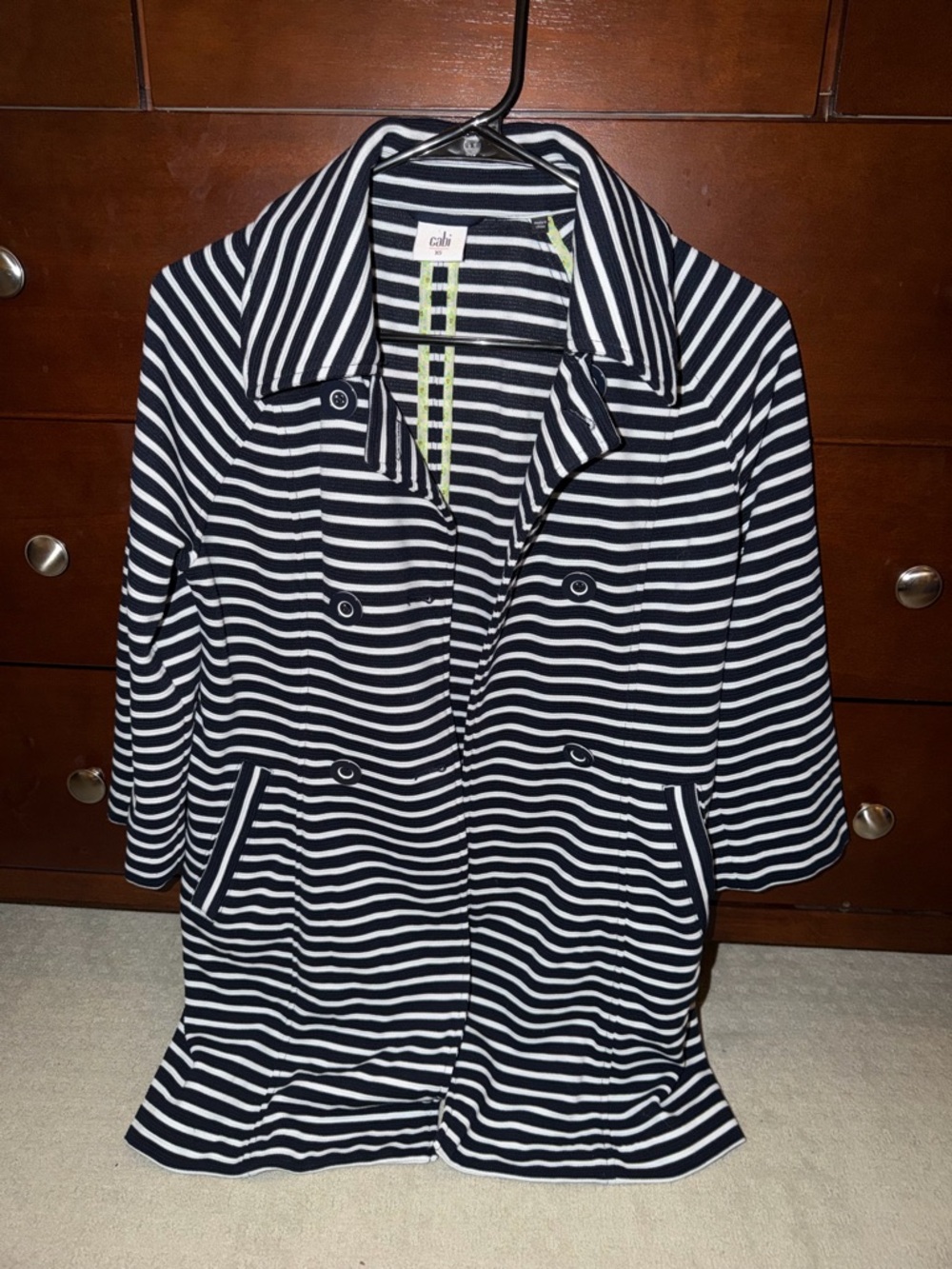 CAbi Navy and White Striped Peacoat